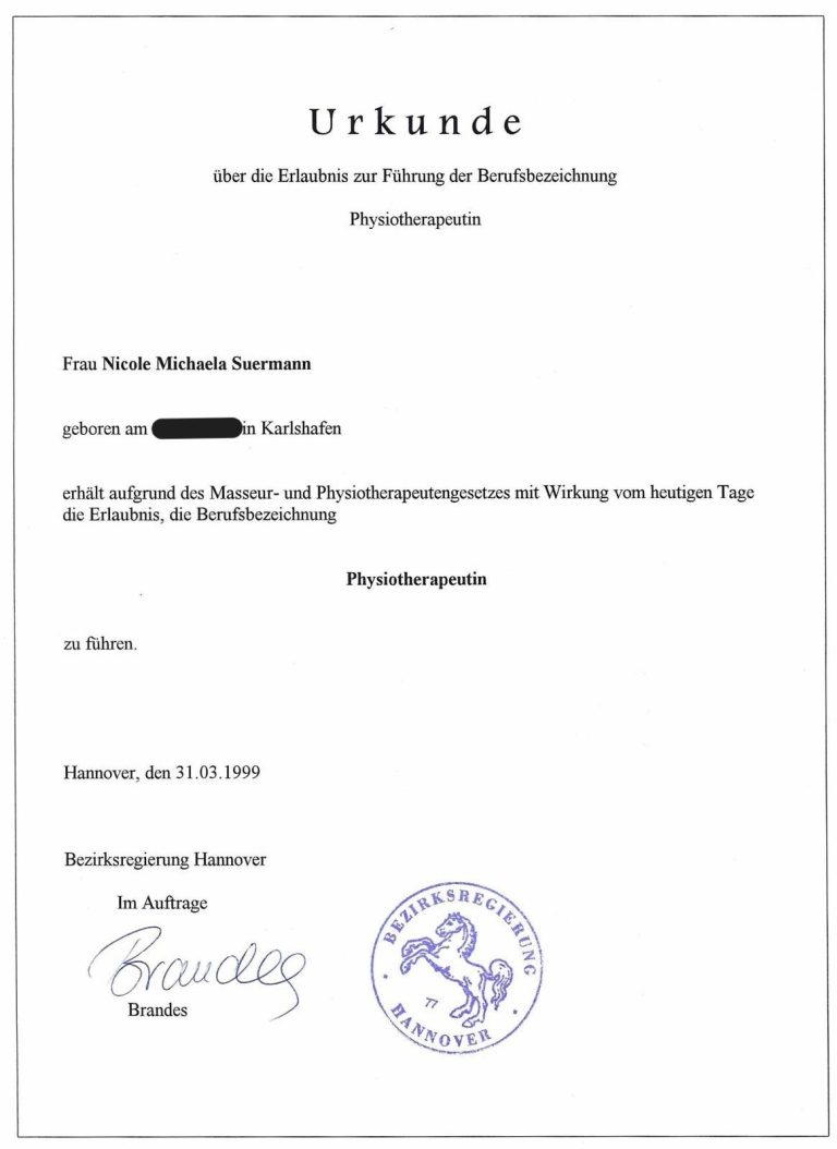 Berufsurkunde Physiotherapeutin